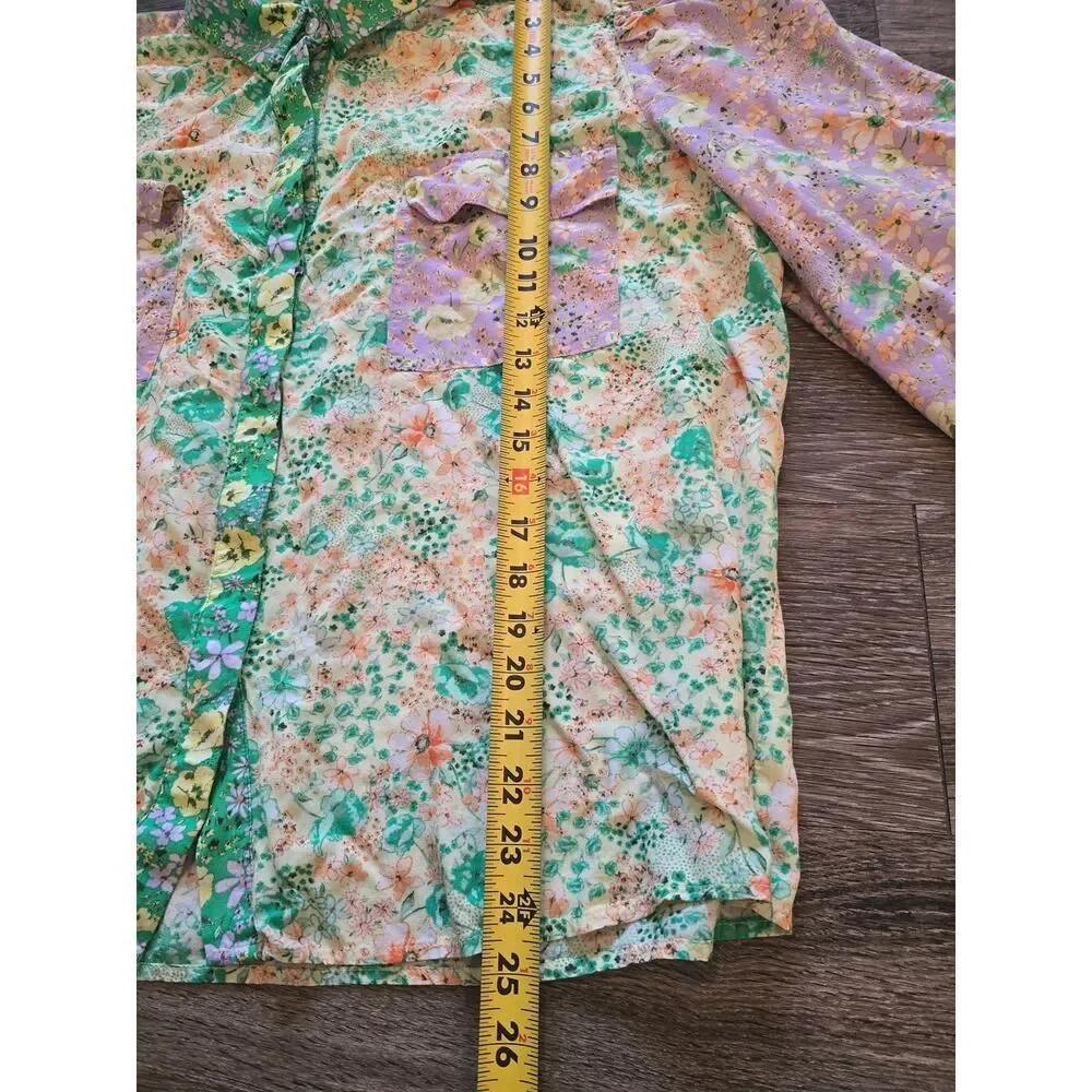 LOFT Floral Patchwork Blouse XL Boho Cottagecore Button Front Top Romantic